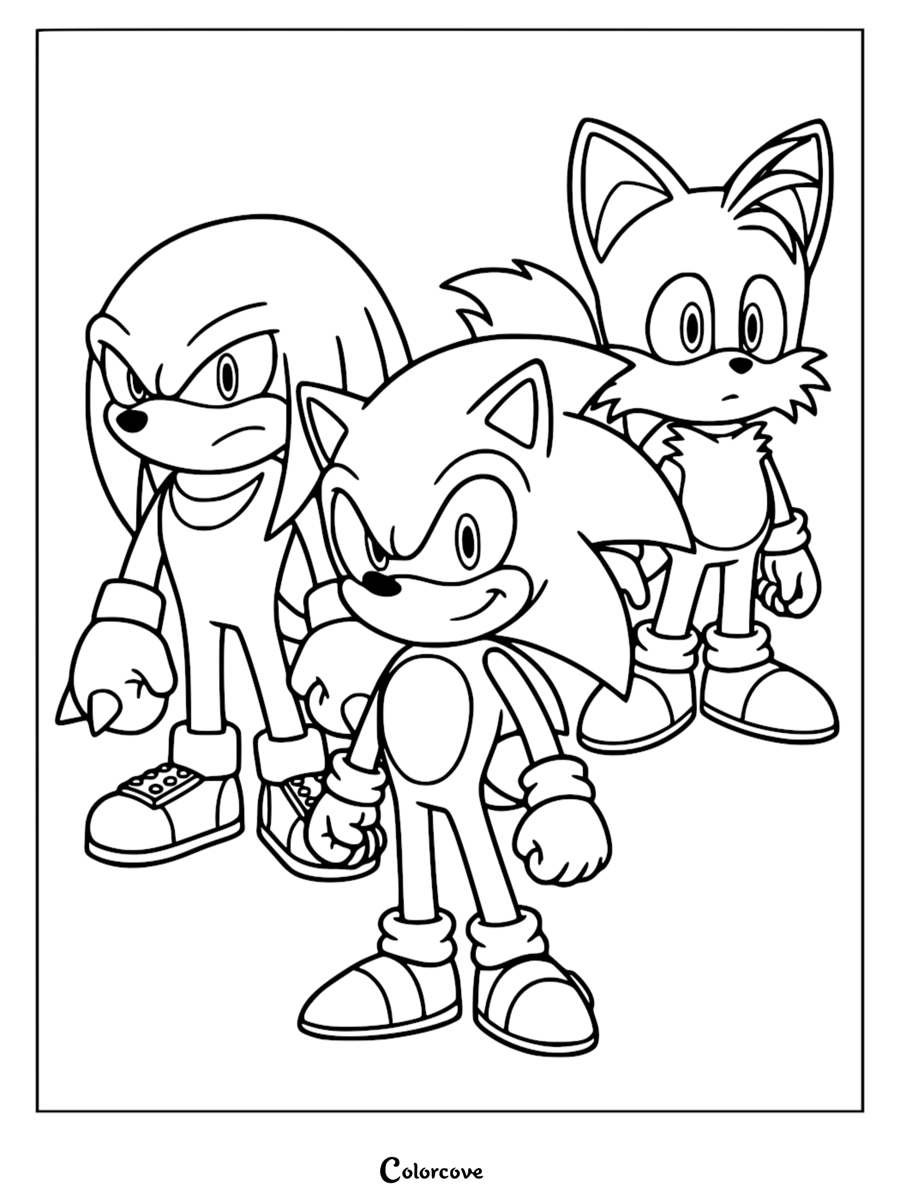 Sonic the Hedgehog, Knuckles the Echidna, and Miles Tails Prower standing together in a line art coloring page.