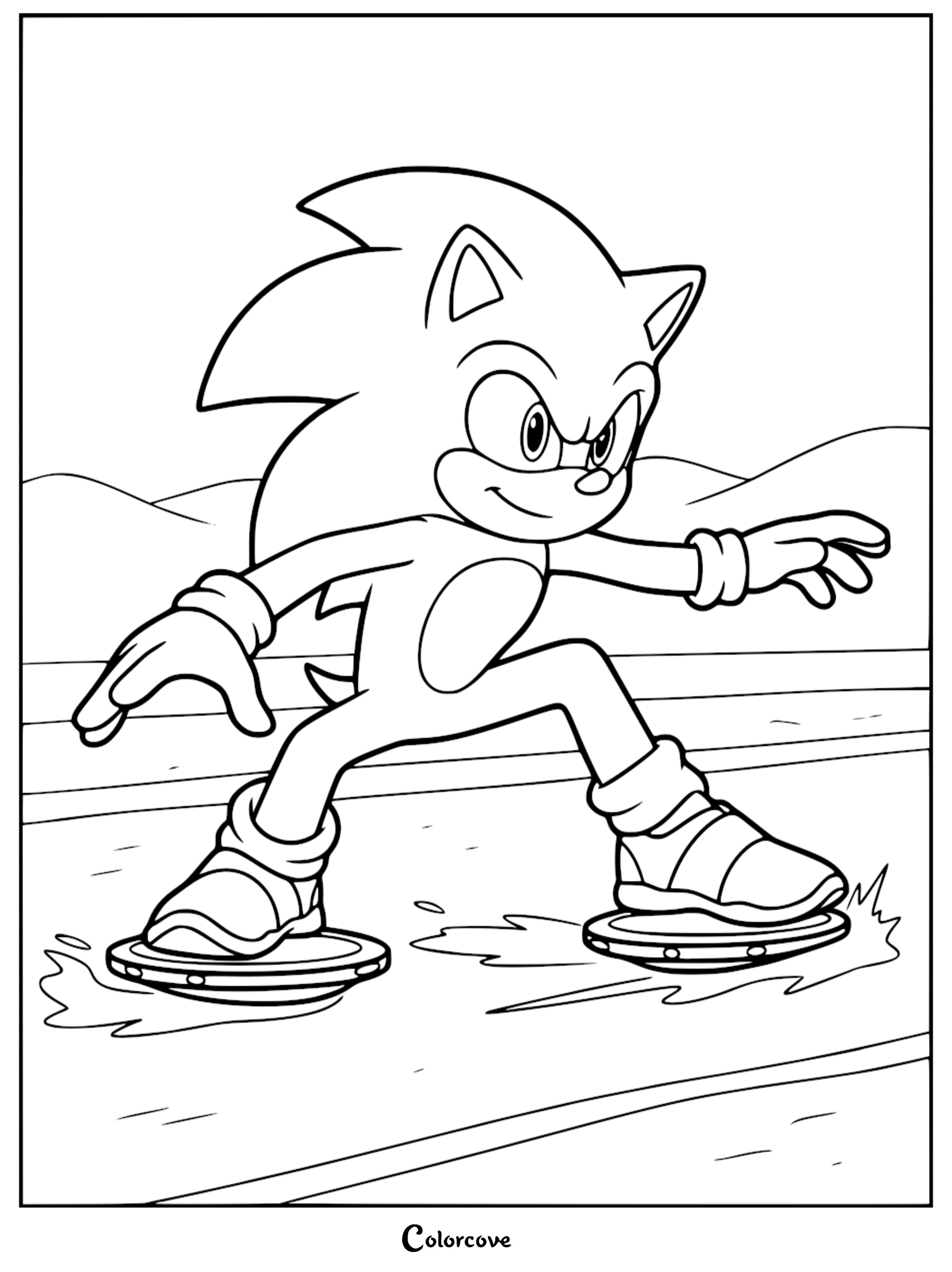 Sonic the Hedgehog balancing on two hoverboards on a road, line art coloring page.