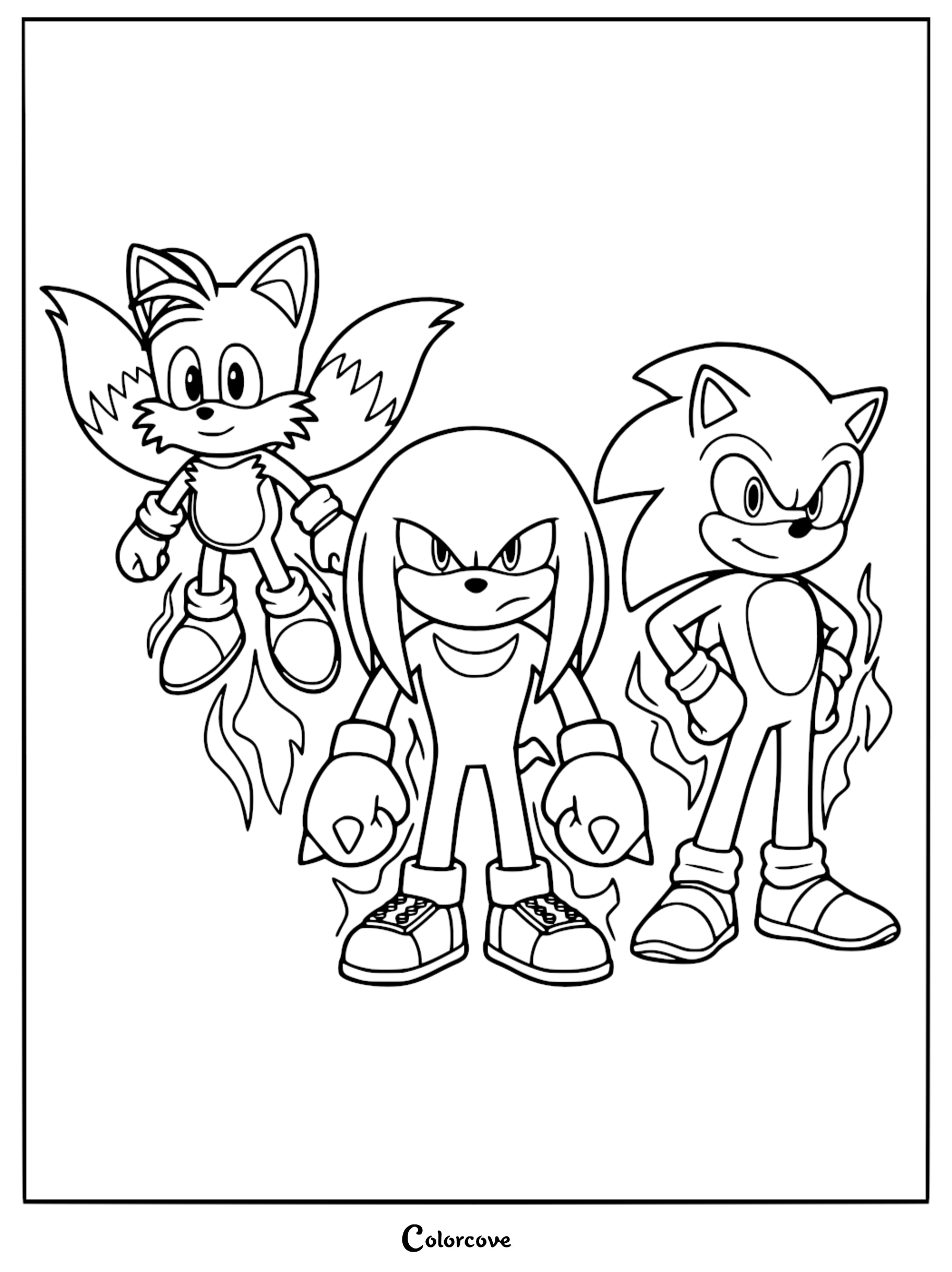 Sonic, Tails, and Knuckles standing together in a line art coloring page with energy auras.