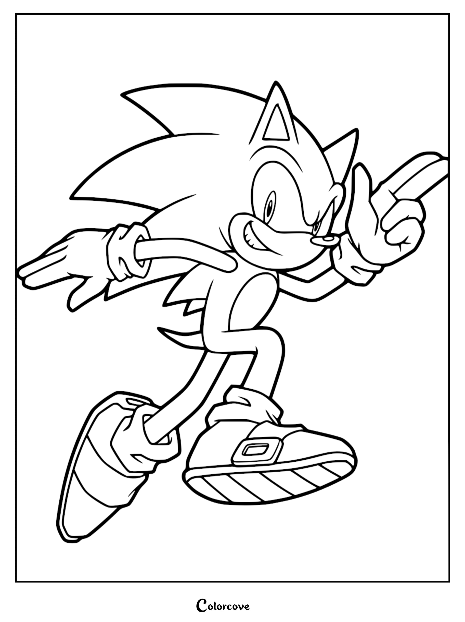 Sonic the Hedgehog running in a confident pose with one hand pointing, line art coloring page.