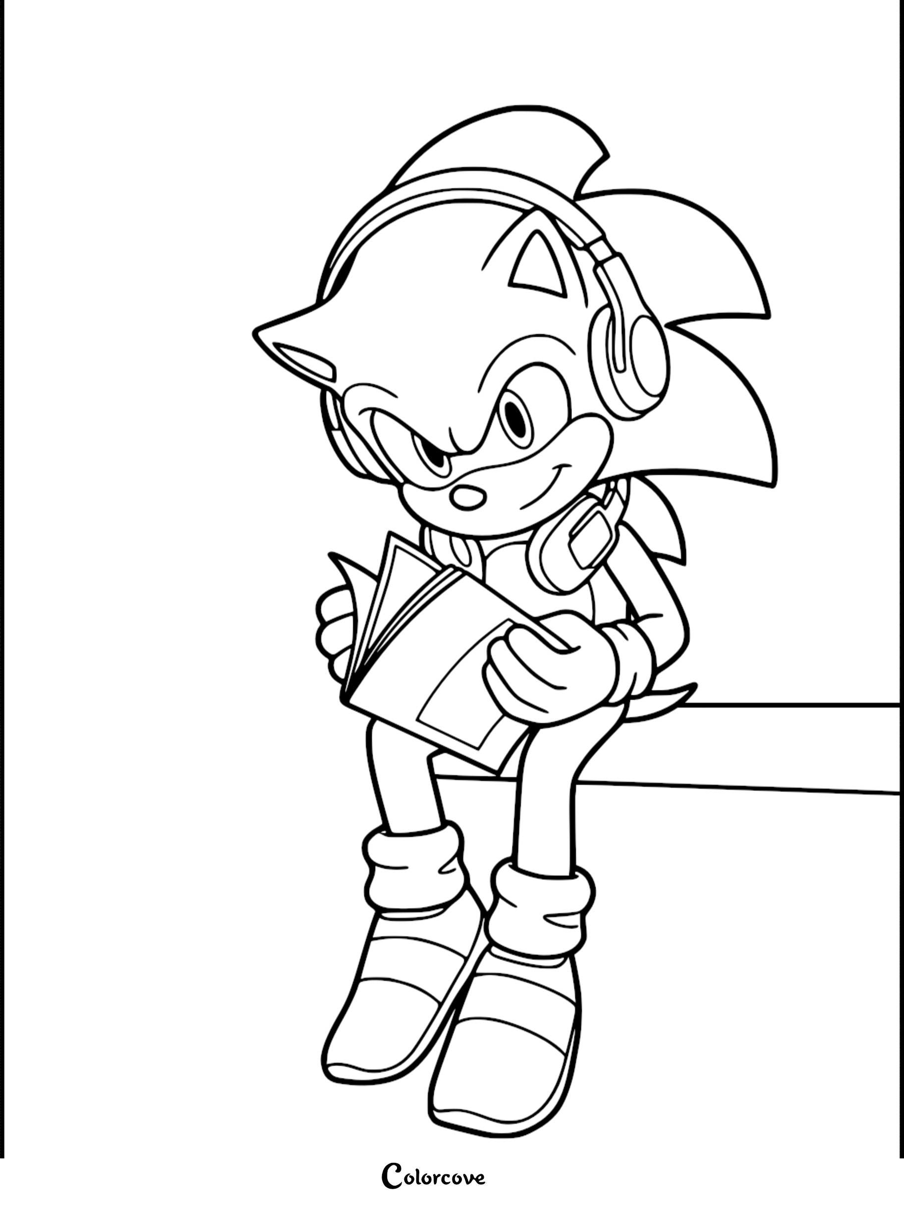 Sonic the Hedgehog wearing large over-ear headphones while sitting and reading an open book in this printable coloring page.
