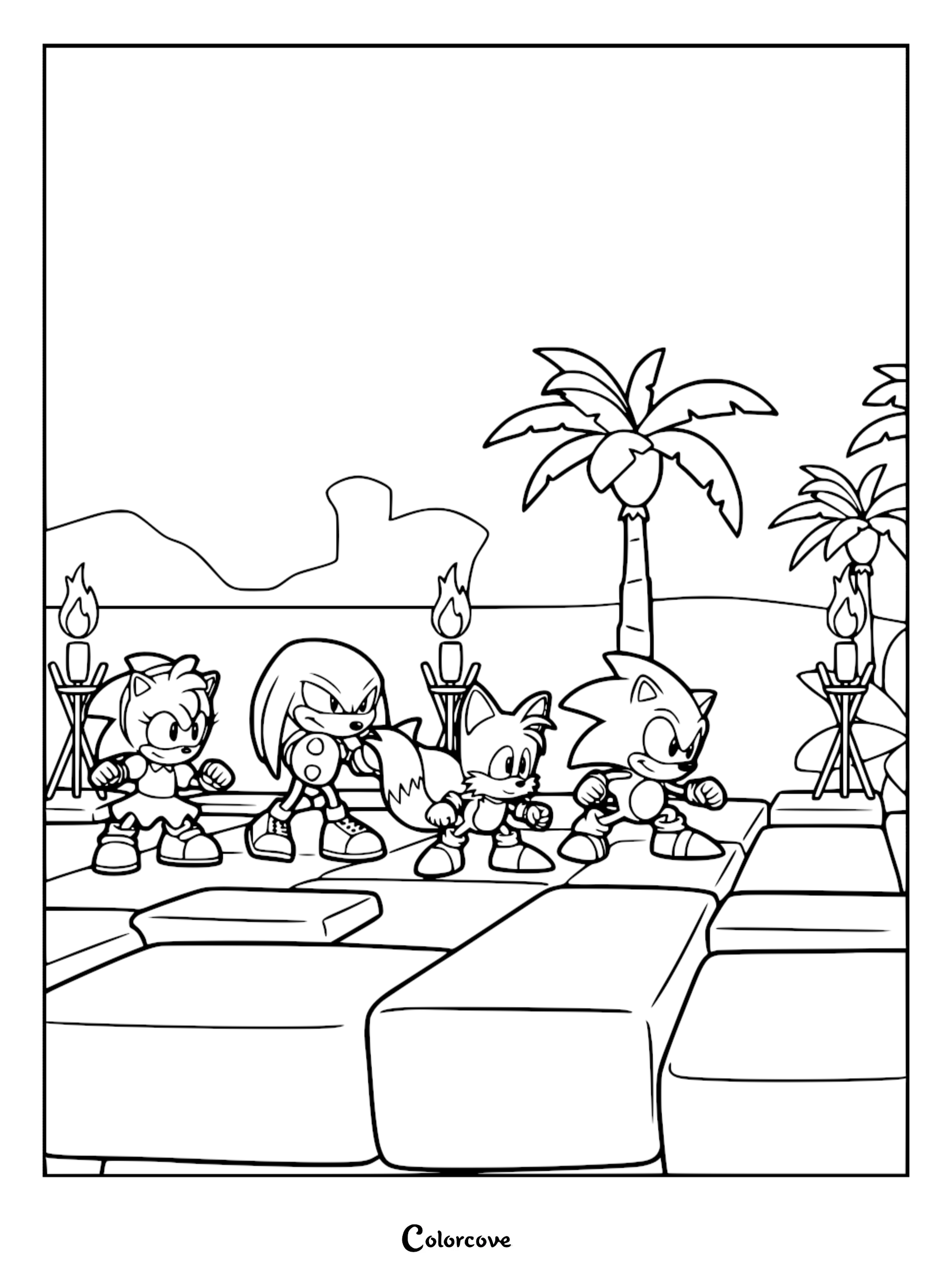 Sonic the Hedgehog, Amy Rose, Knuckles the Echidna, and Tails standing on stone platforms in a tropical setting in this printable coloring page.