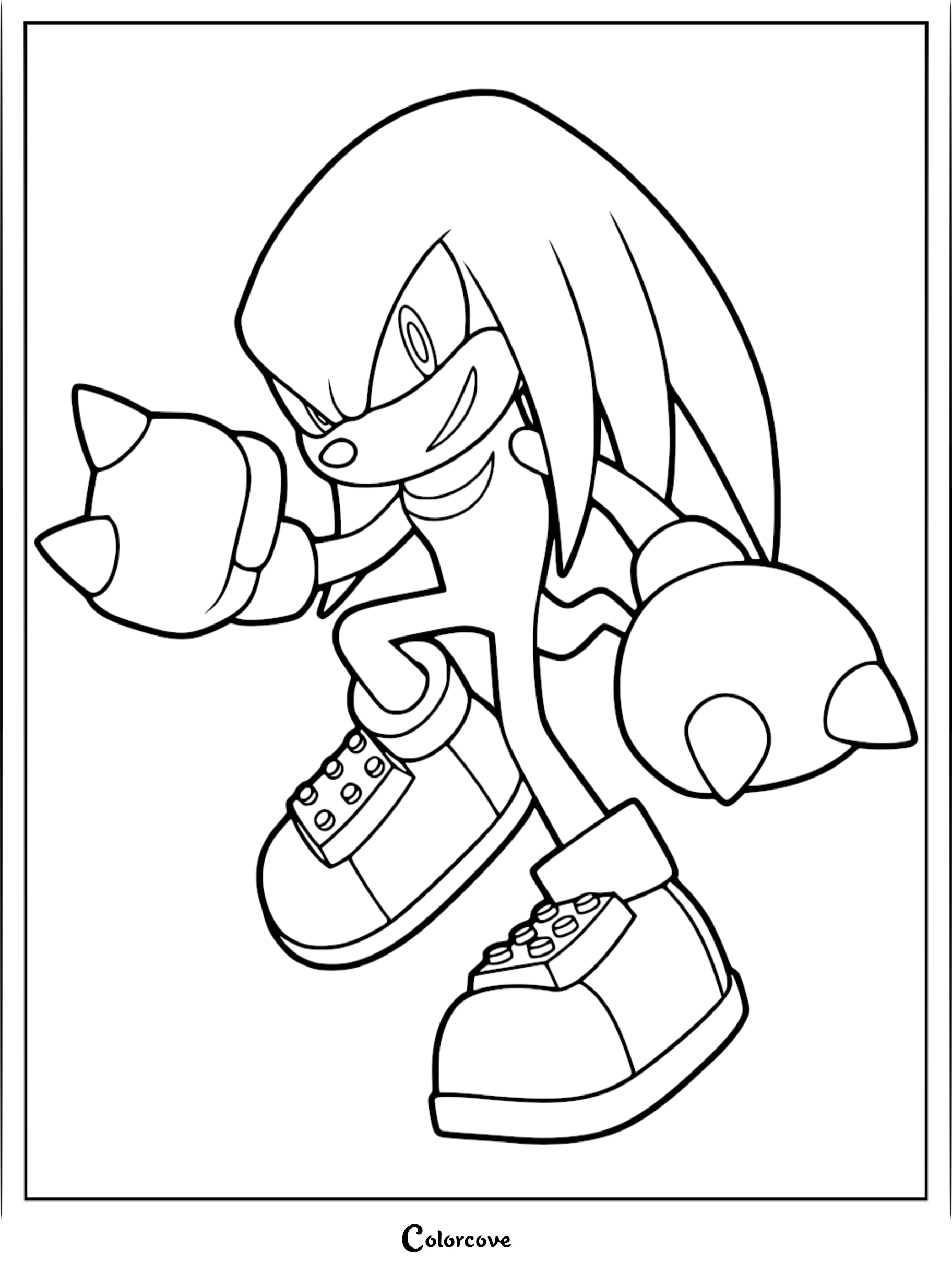 Knuckles the Echidna in a dynamic action pose with giant spiked boxing gloves, ready to punch on a printable coloring page.