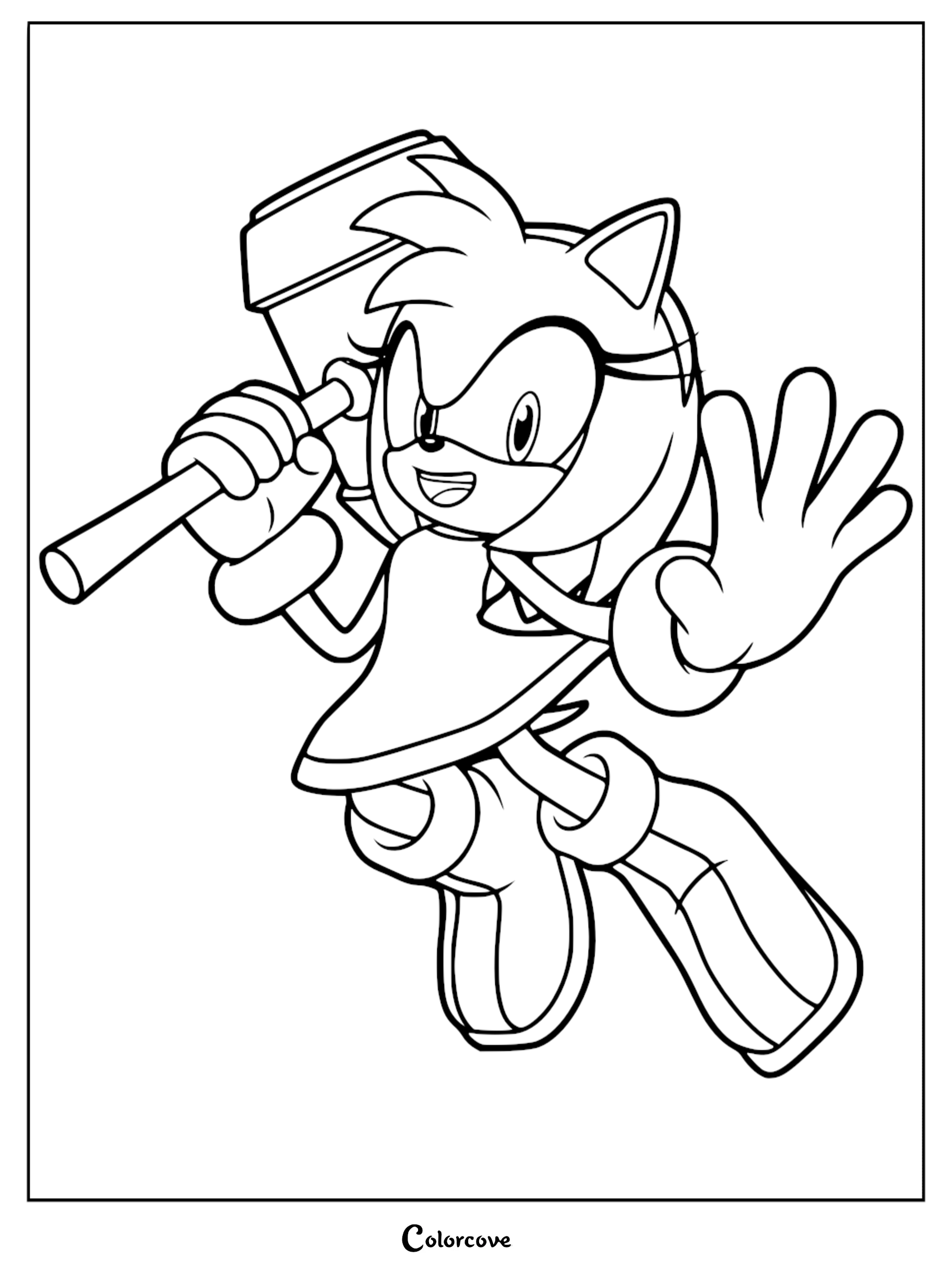 Amy Rose from Sonic the Hedgehog smiling and waving with her Piko Piko Hammer, detailed line art coloring page.