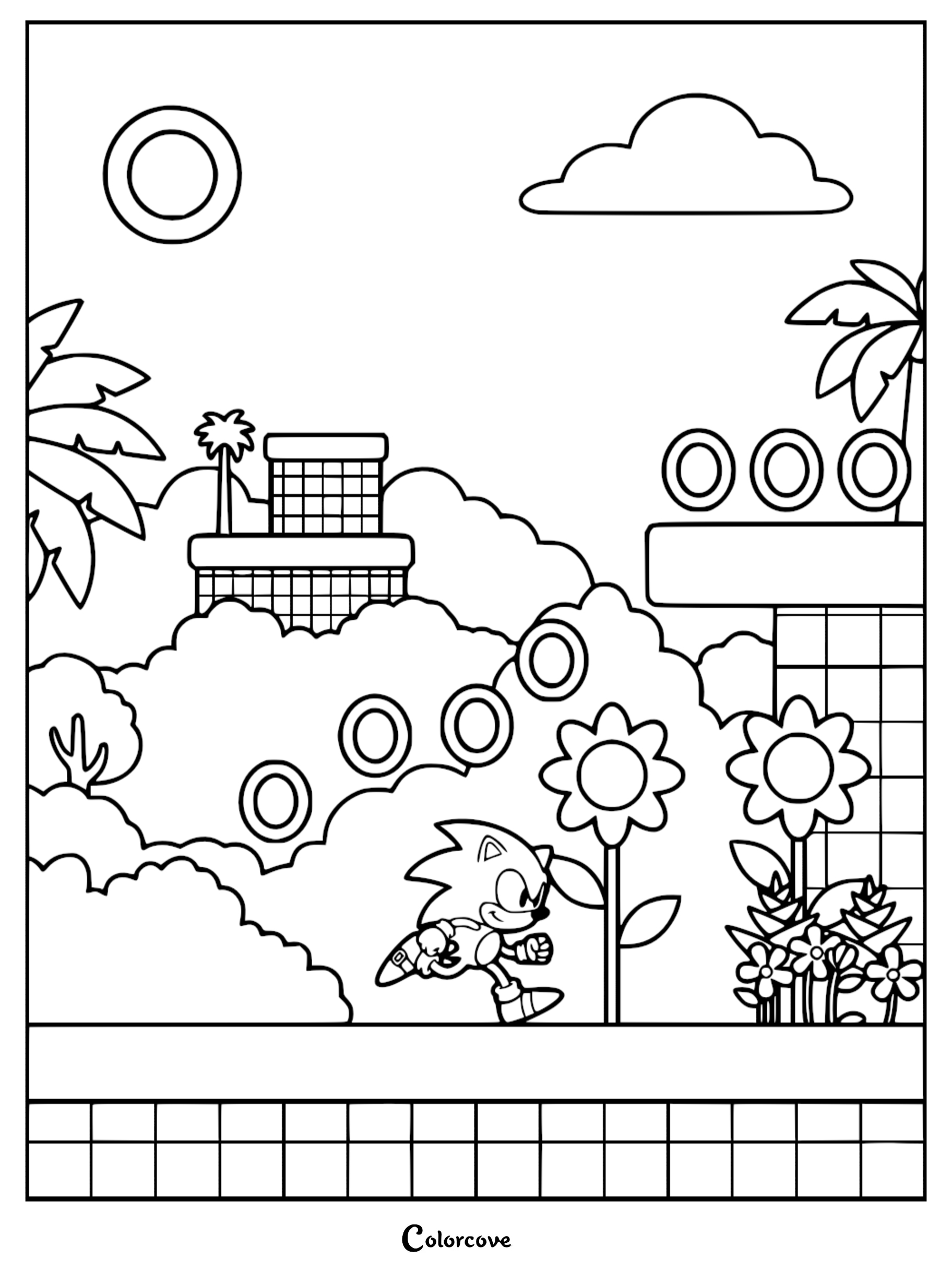 A black and white coloring page featuring Sonic the Hedgehog running past flowers and golden rings in a Green Hill Zone inspired landscape.
