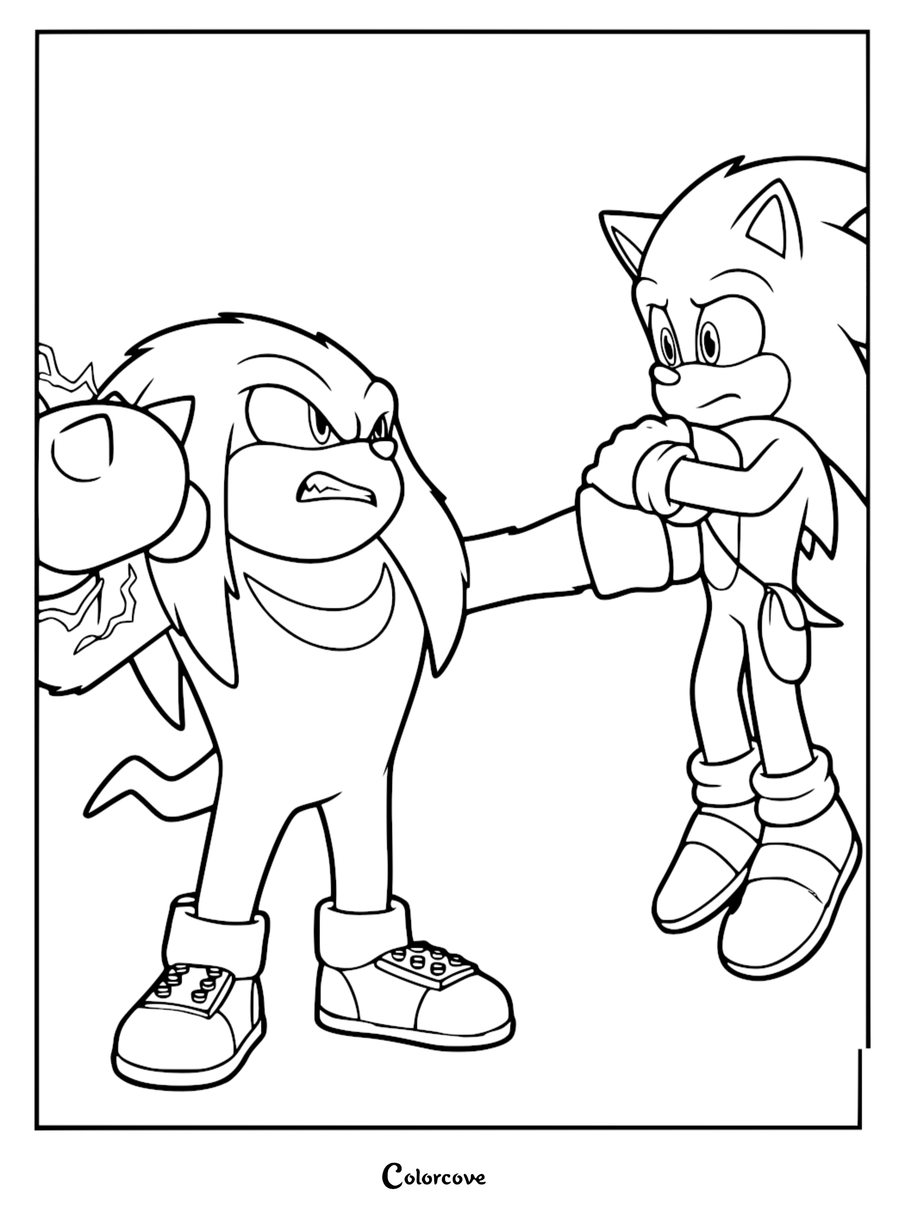 Knuckles the Echidna with an angry expression gripping Sonic the Hedgehog by the arms in this action-packed line art coloring page.