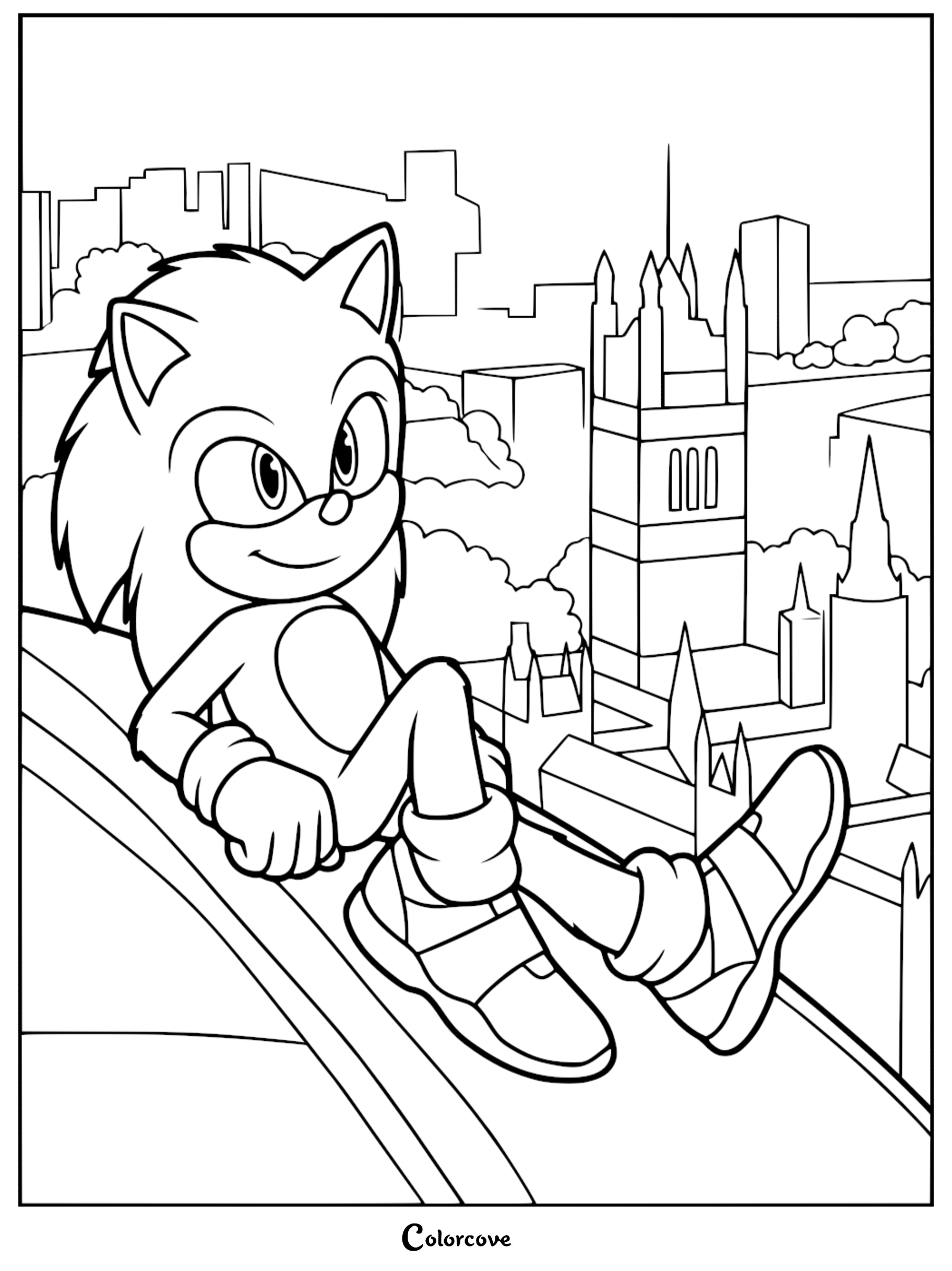 Sonic the Hedgehog sitting on a high building ledge overlooking a detailed cityscape in this printable coloring page