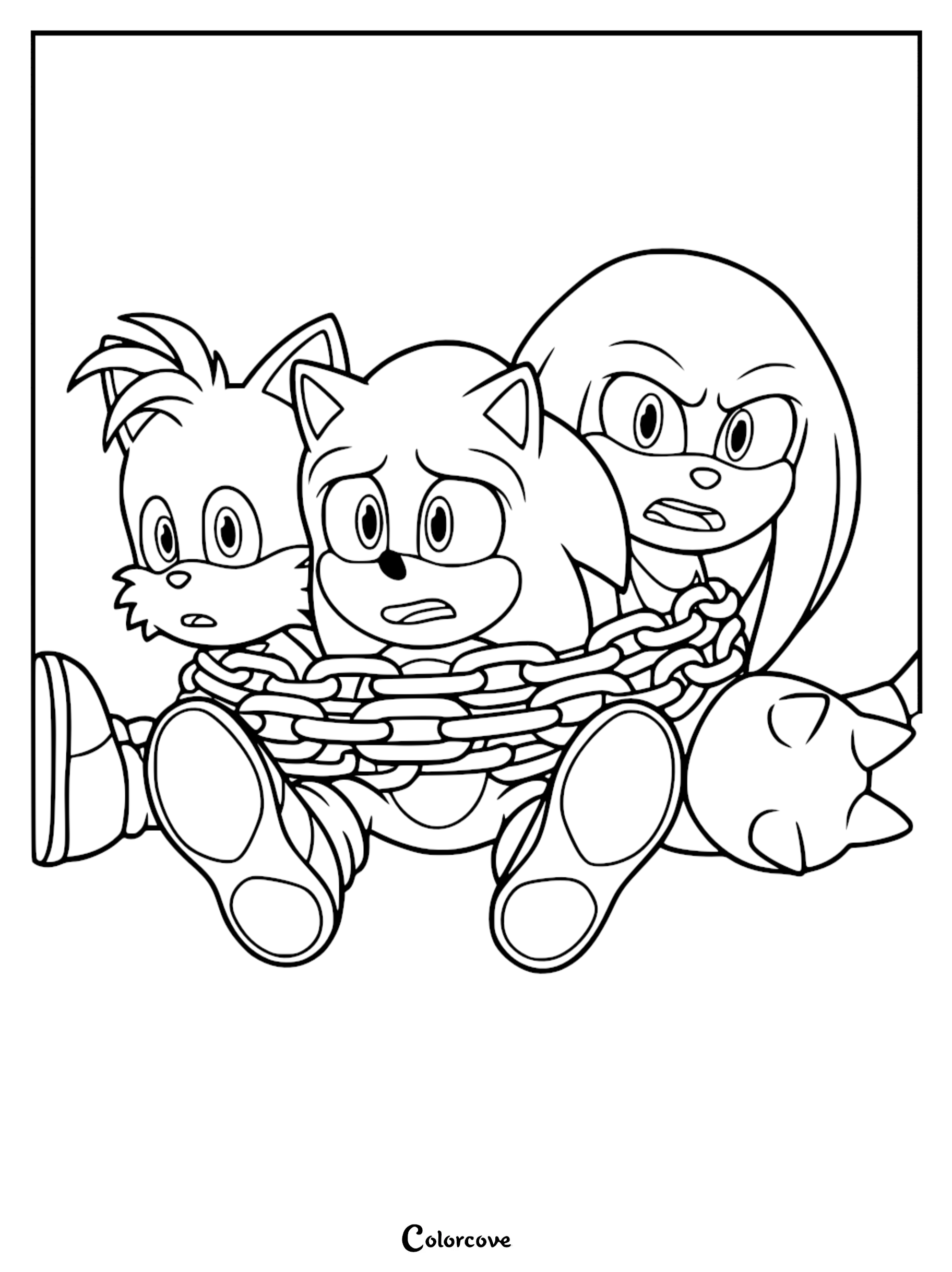 Sonic, Tails, and Knuckles tied together with heavy metal chains in this printable coloring page.