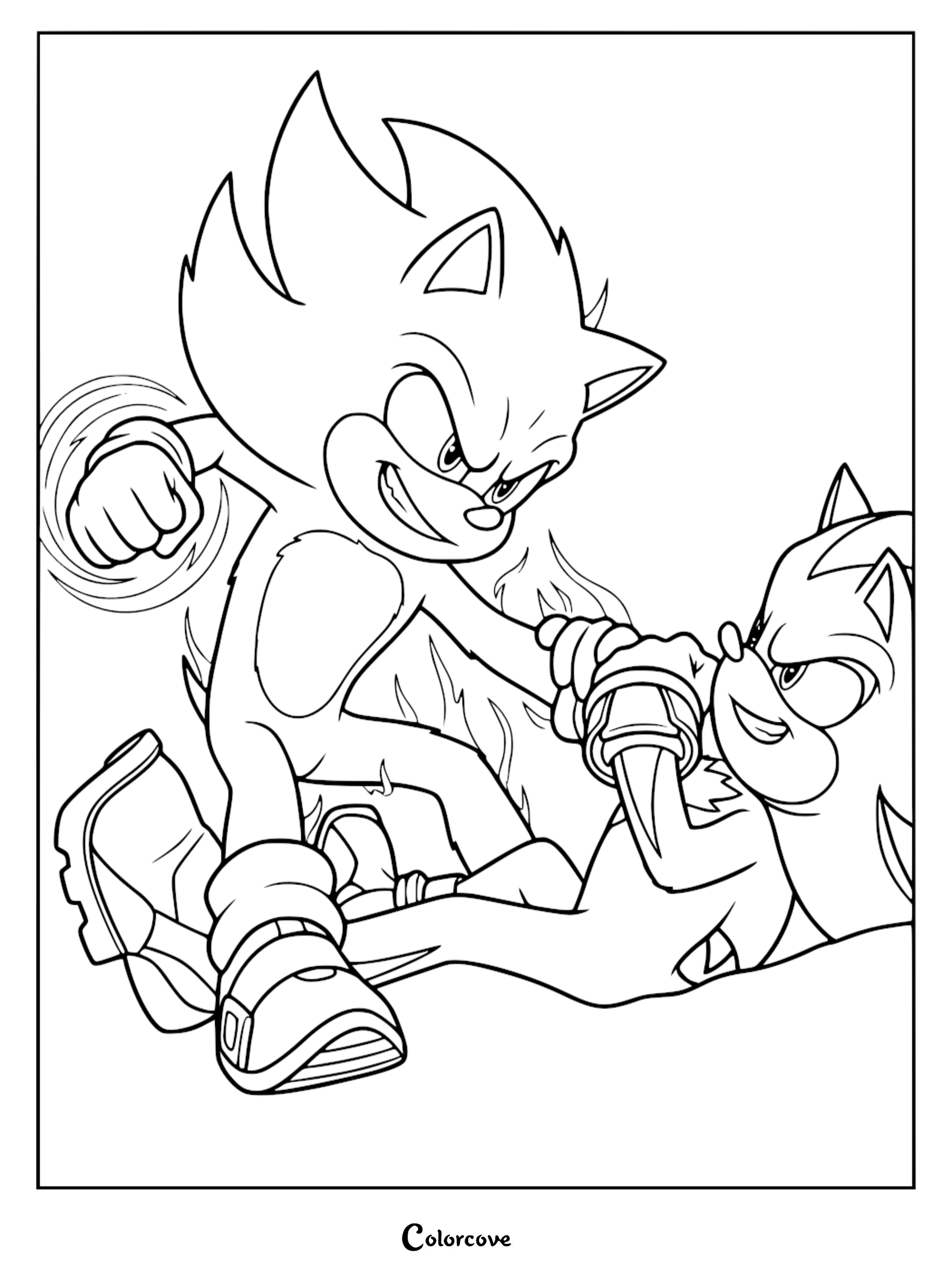 A detailed Sonic the Hedgehog coloring page showing Super Sonic mid-air combat with Shadow the Hedgehog in a fierce standoff.