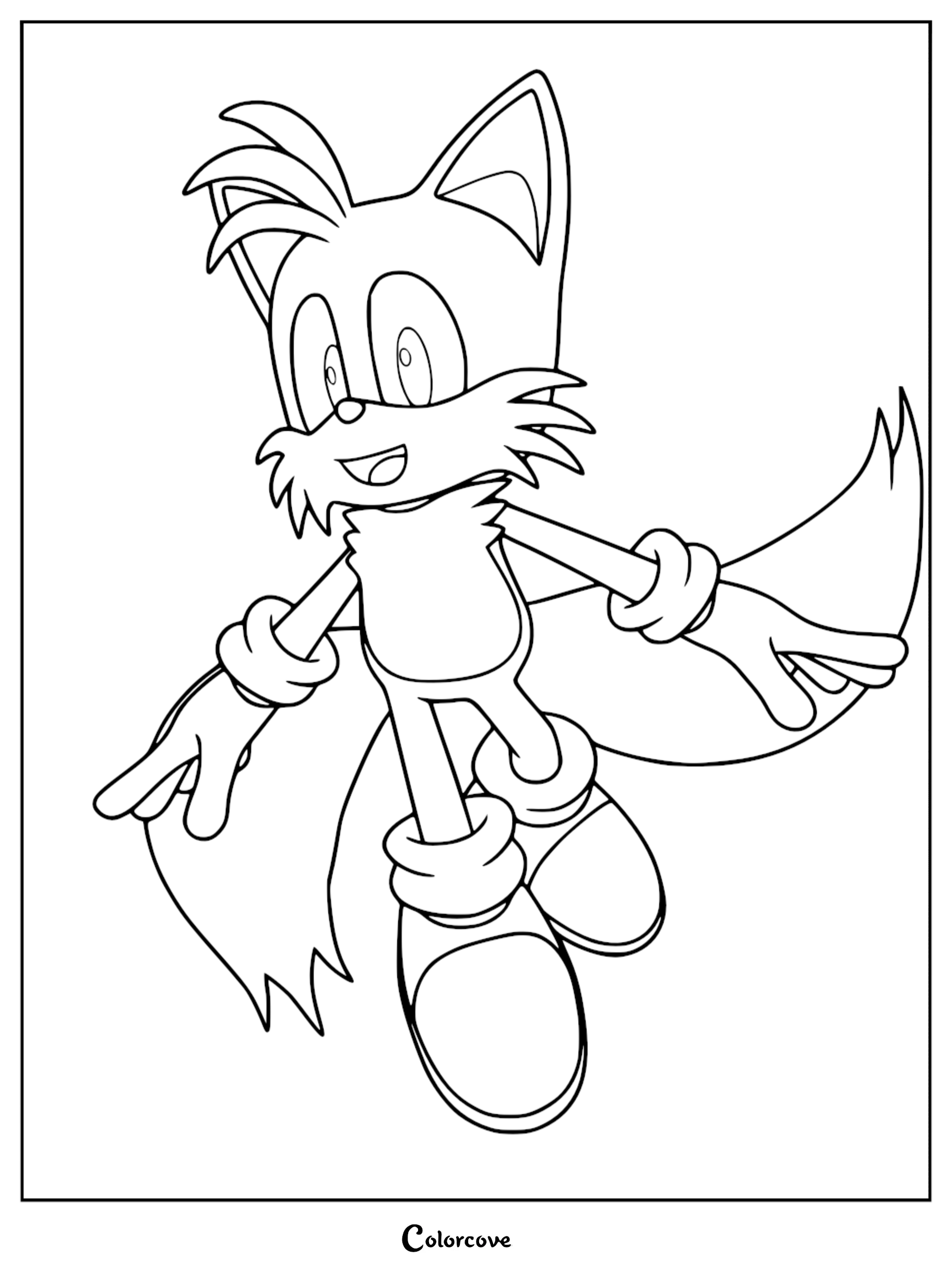 A printable coloring page of Miles Tails Prower, the two-tailed fox, smiling while mid-air with his two tails fanned out behind him.