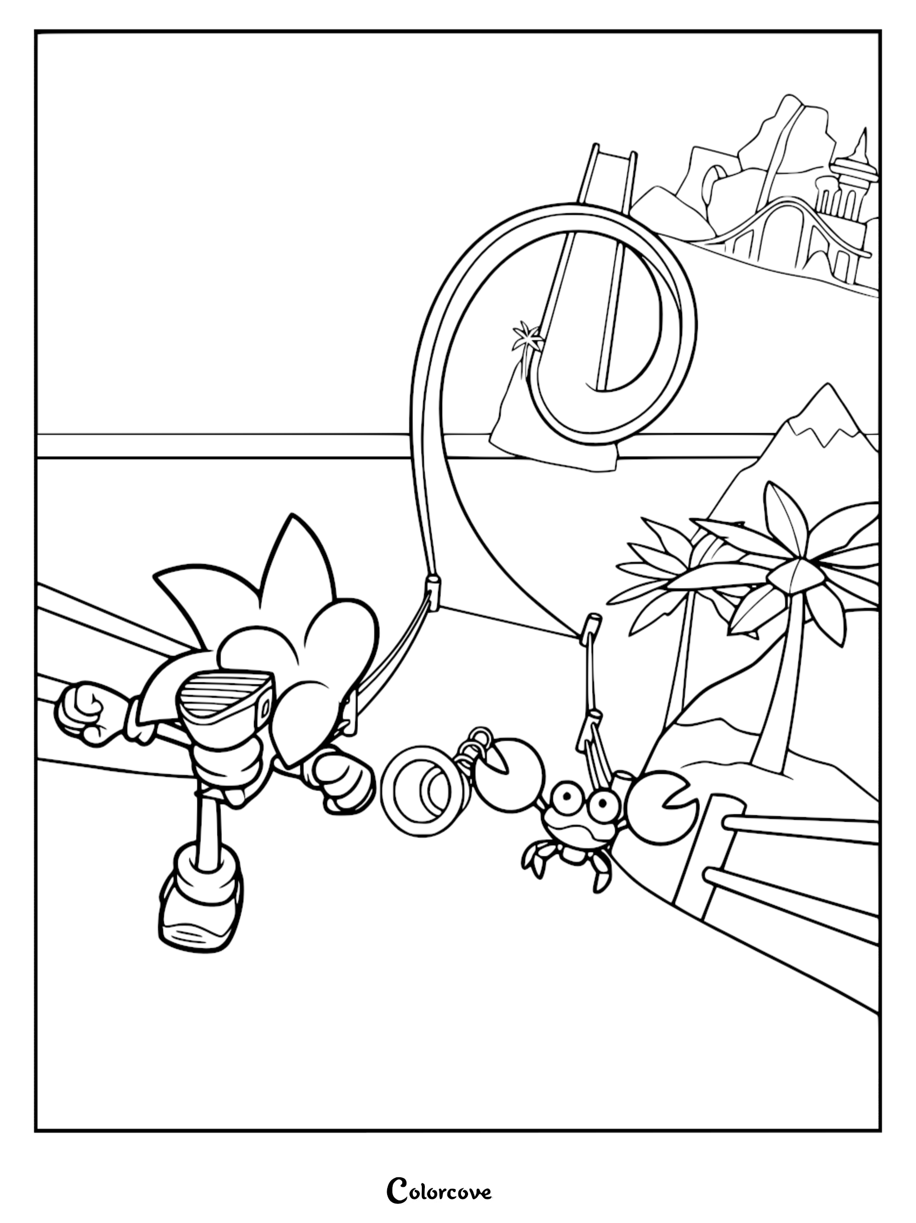 Sonic running on a loop-de-loop track near a Crabmeat Badnik in a Green Hill Zone inspired coloring page.