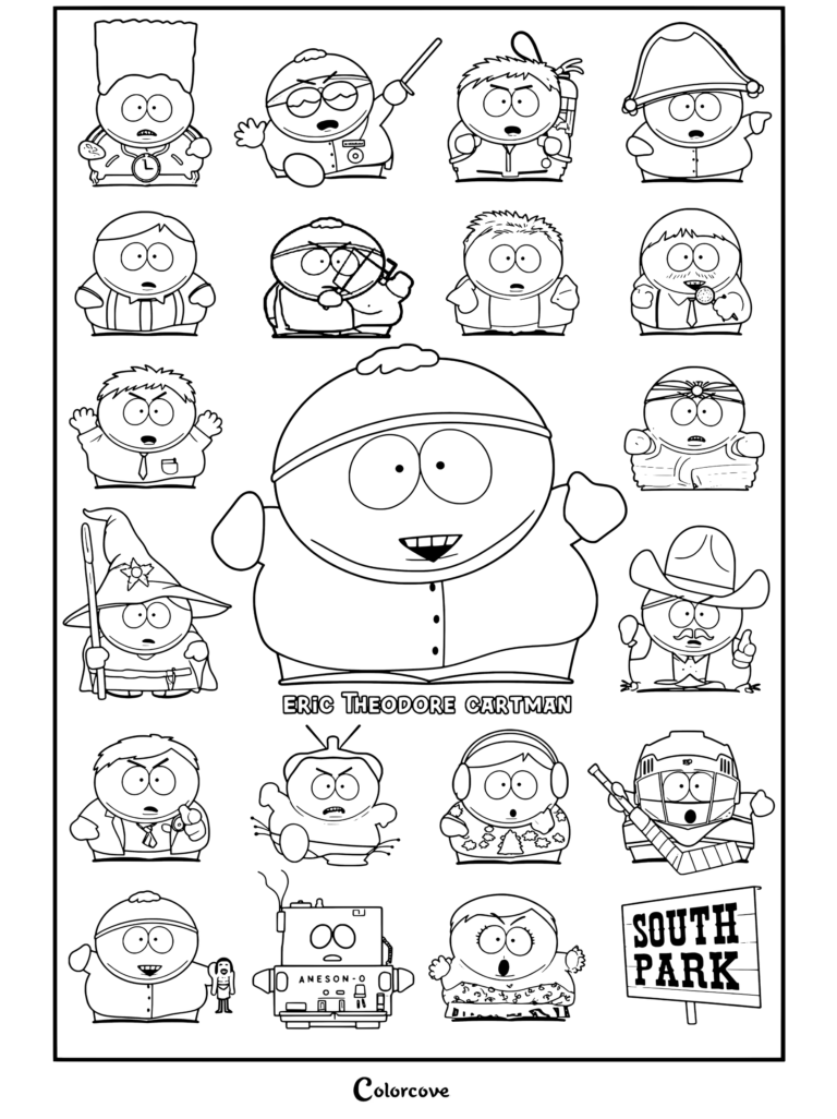 Coloriage South Park représentant Eric Theodore Cartman entouré de divers costumes et variations de personnages de la série.