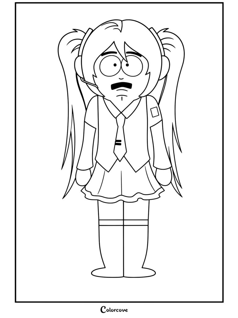 Coloriage de Hatsune Miku dessiné dans le style d'animation de South Park avec des couettes, un gilet gris et un micro-casque.