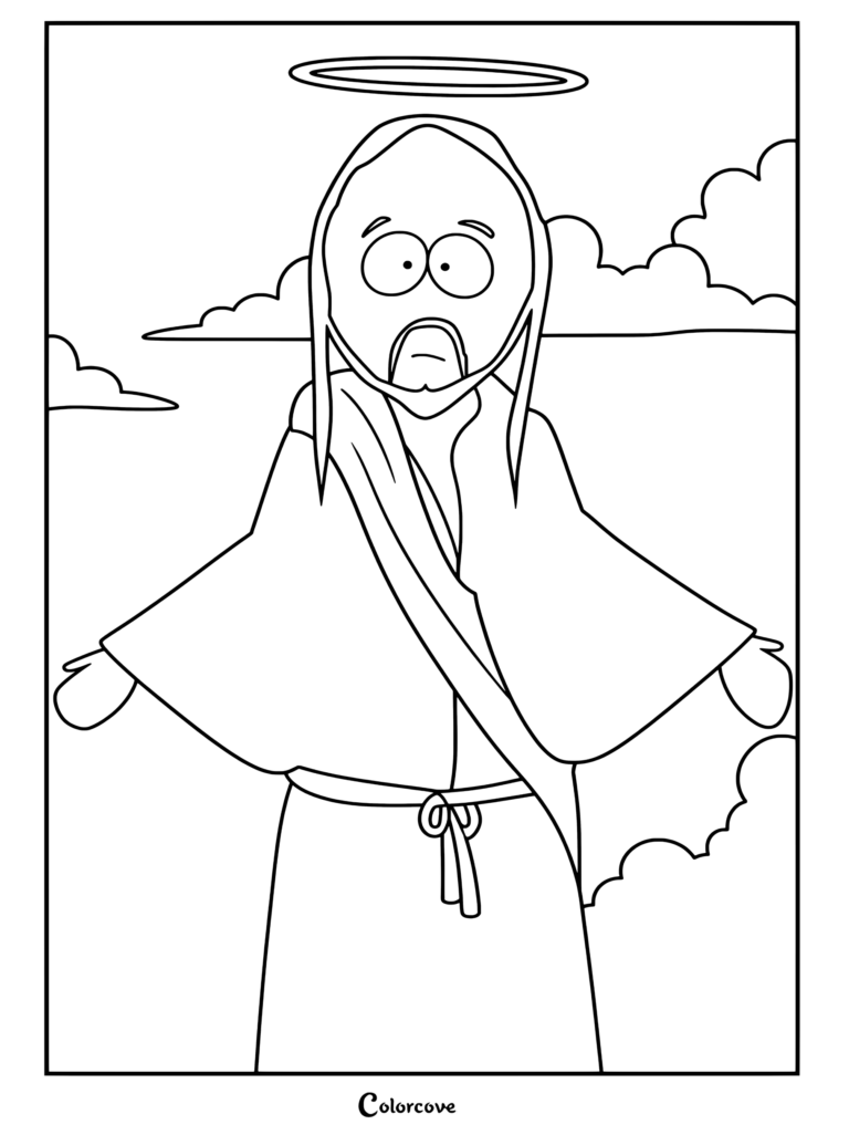 Jésus-Christ personnage de South Park avec une auréole et une écharpe rouge se tenant debout sur fond de ciel, coloriage