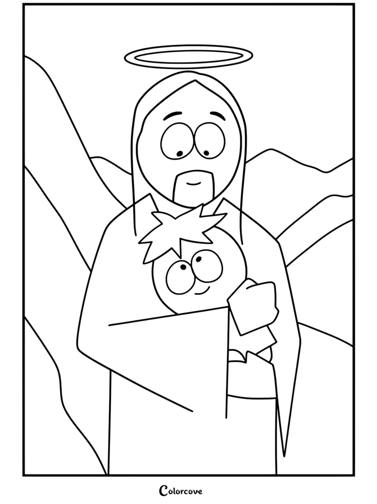 Jésus tenant Butters Stotch dans ses bras avec un auréole dorée sur fond de montagnes, coloriage South Park