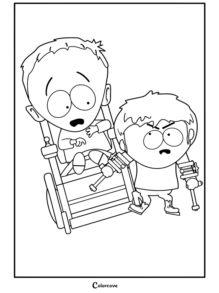 Jimmy Valmer en fauteuil roulant et Timmy Burch tenant des béquilles avec l'air en colère, coloriage South Park