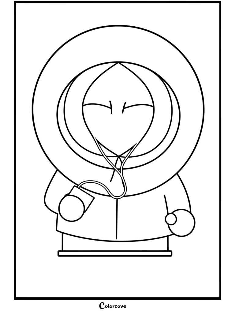 Coloriage de Kenny de South Park portant sa capuche de parka orange et écoutant de la musique avec des écouteurs reliés à un lecteur MP3 dans un décor hivernal.