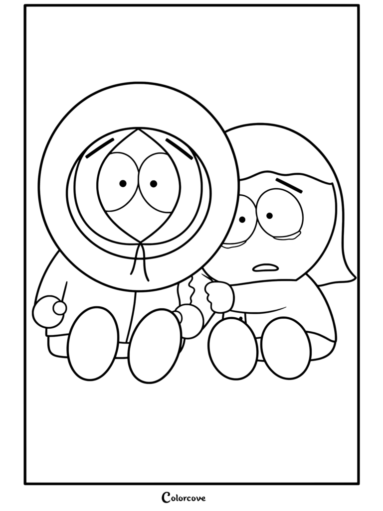 Coloriage South Park représentant Kenny McCormick dans son parka orange réconfortant sa petite sœur maltraitée Karen McCormick qui pleure avec un œil au beurre noir, assis ensemble