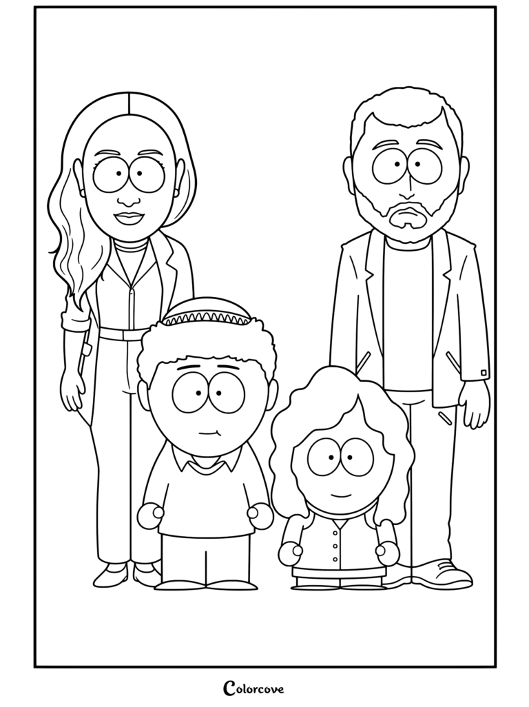 Coloriage de Kyle Broflovski adulte avec sa femme Nichole et ses enfants Joshua et Diana dans le style de South Park.