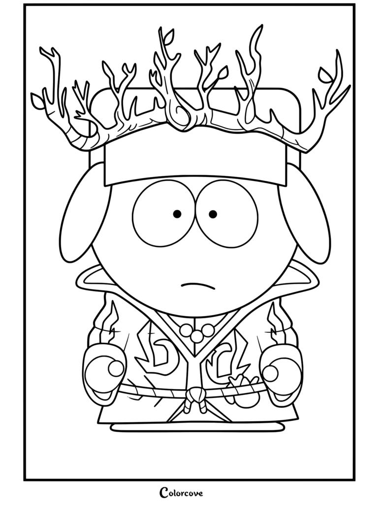 Kyle Broflovski habillé en Roi Elfe Juif portant une couronne de branches et une robe marron dans un coloriage South Park