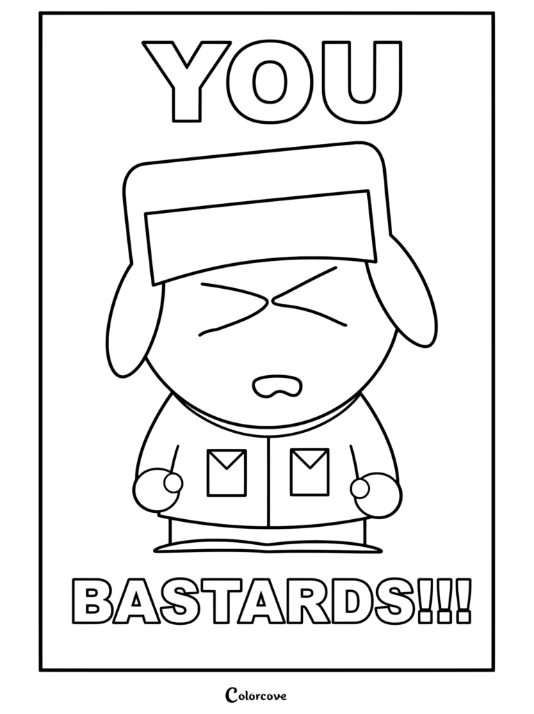 Kyle Broflovski de South Park portant son ushanka verte et sa veste orange avec une expression frustrée et le texte vous avez tué Kenny sur un coloriage
