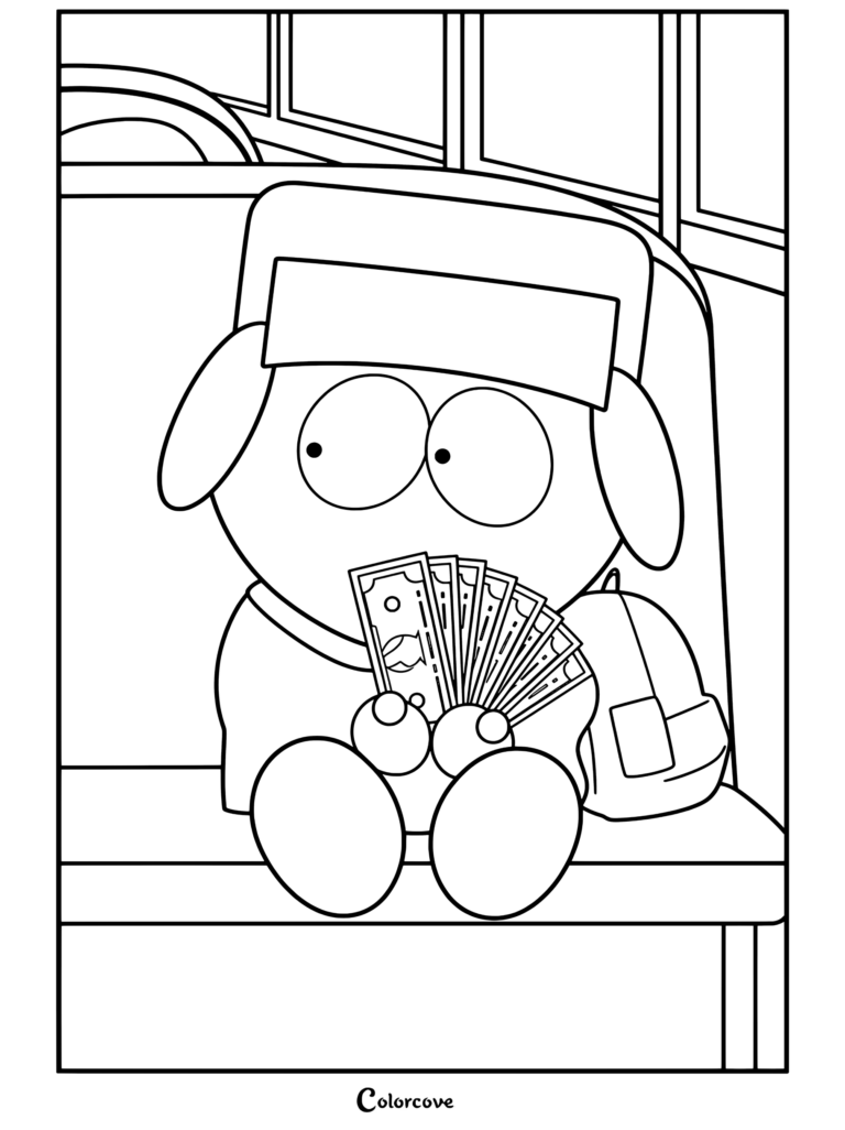 Kyle Broflovski tenant une liasse de billets de banque assis dans le bus scolaire, coloriage pour les fans de South Park.