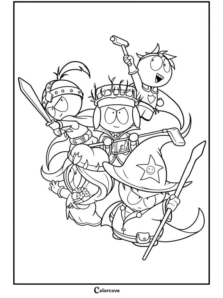 Cartman, Kyle, Stan, Kenny et Butters habillés en personnages de RPG fantastique du Bâton de la Vérité sur ce coloriage