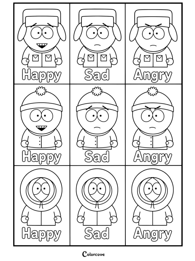 Un coloriage South Park montrant Kyle Broflovski, Stan Marsh et Kenny McCormick exprimant des émotions de joie, de tristesse et de colère dans une grille.