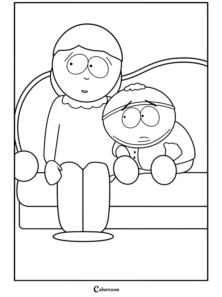 Liane Cartman assise sur un canapé avec Eric Cartman dans un coloriage South Park.
