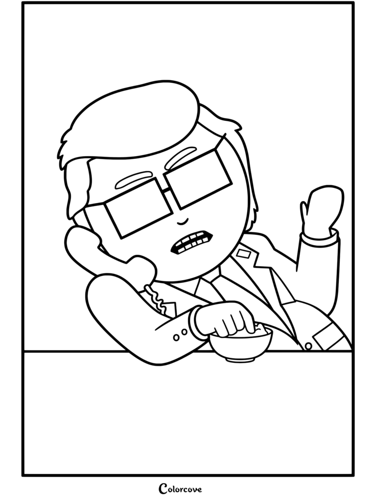 Mr. Garrison en Donald Trump portant un costume, mangeant des céréales et parlant au téléphone dans le Bureau Ovale, coloriage South Park