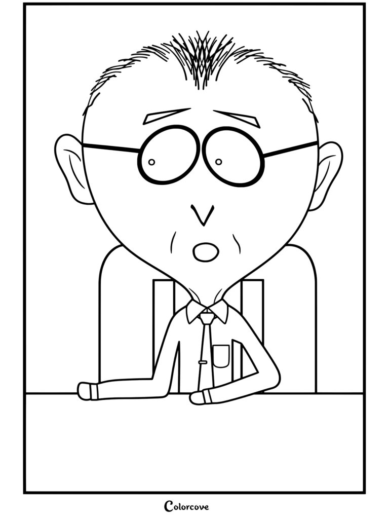 Mr. Mackey assis à la table du conseil avec l'air choqué et confus dans une chemise verte et une cravate bleue, coloriage pour les fans de South Park