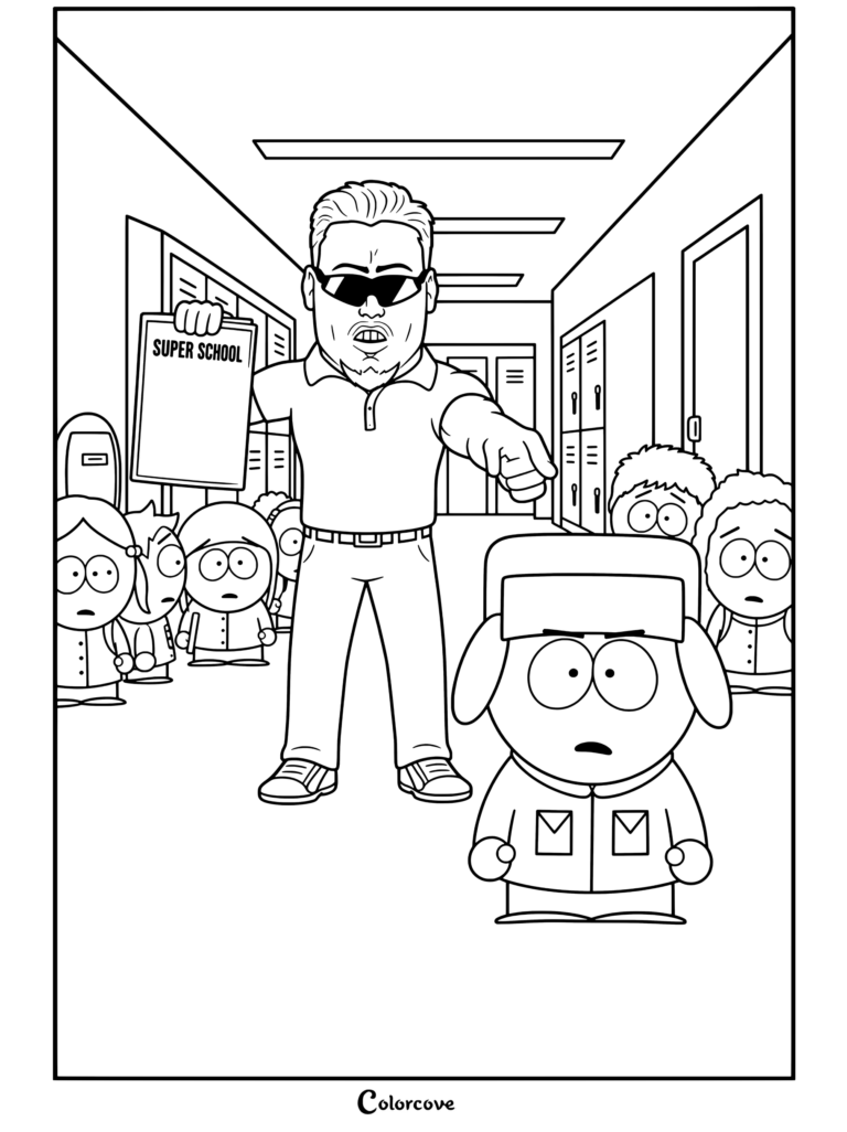 Principal PC tenant un journal Super École et faisant face à Kyle Broflovski dans le couloir de l'école, coloriage South Park.