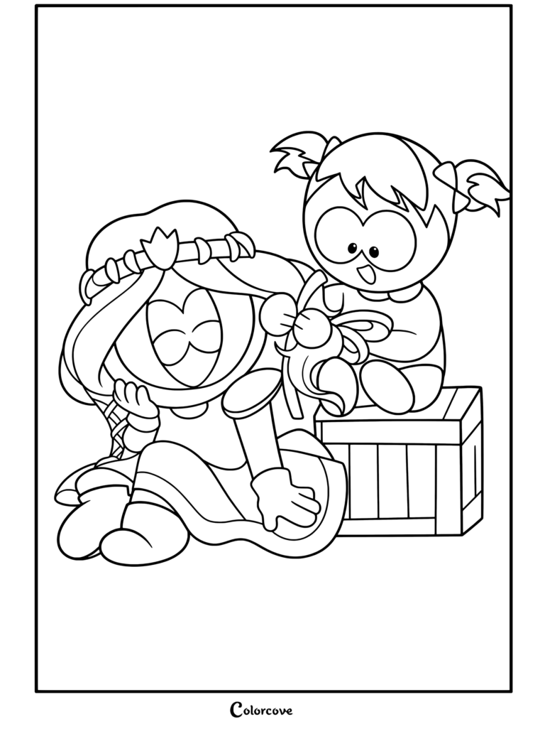 Coloriage South Park représentant la Princesse Kenny assise par terre avec une perruque blonde pendant que Heidi Turner noue un ruban dans ses cheveux sur une caisse en bois