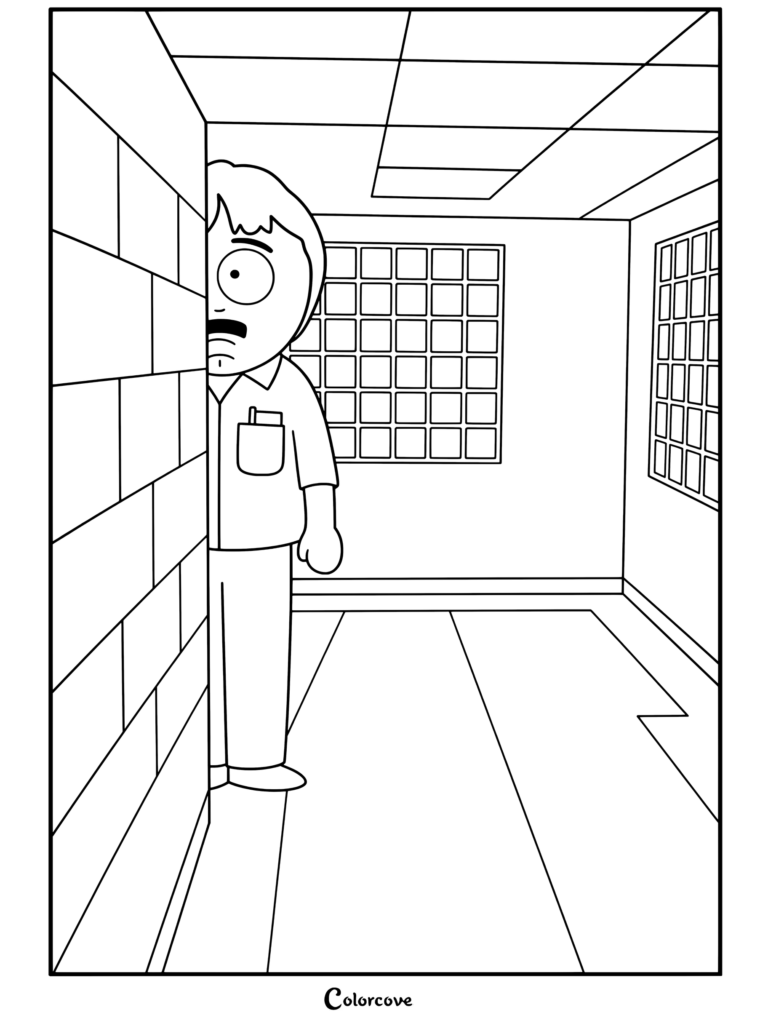 Coloriage South Park représentant Randy Marsh en train d'espionner derrière un coin dans le couloir des arrière-salles.