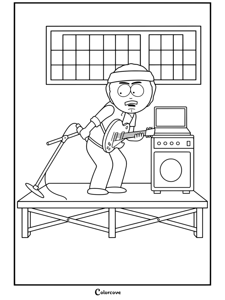 Un coloriage South Park représentant Randy Marsh jouant de la guitare électrique sur scène en tant que Steamy Ray Vaughn dans un bar miteux.