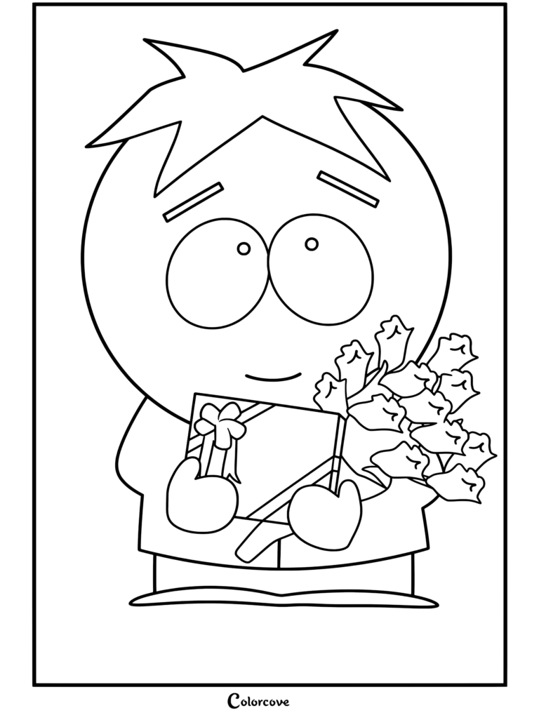 Coloriage South Park représentant Butters Stotch tenant un cadeau rouge et des fleurs roses tout en ayant l'air timide