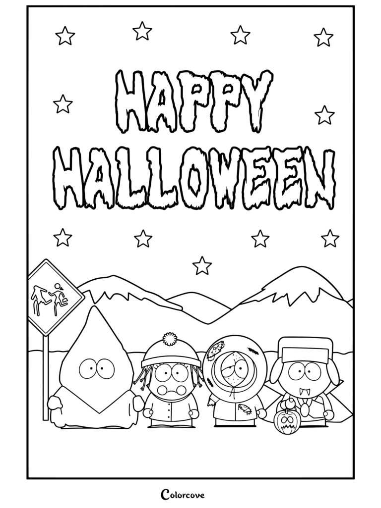 Coloriage de personnages de South Park costumés pour Halloween avec un texte de joyeux Halloween au-dessus d'un paysage de montagnes enneigées