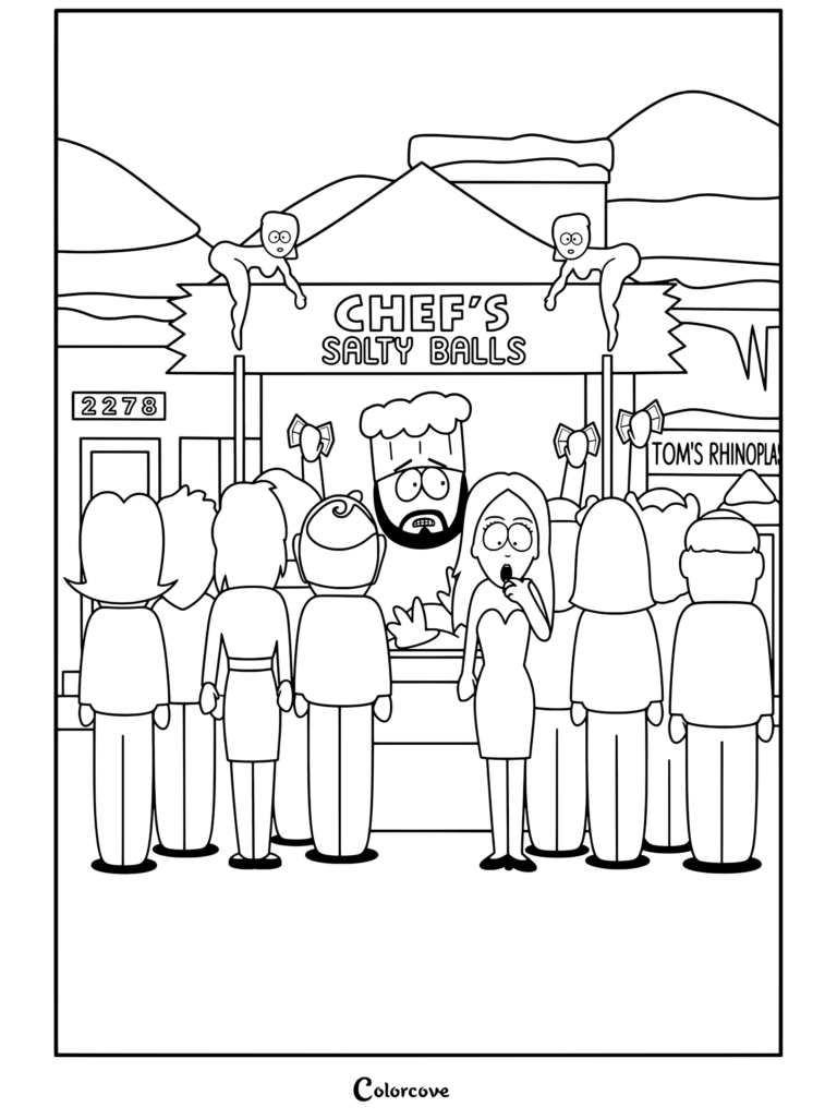 Chef vendant ses fameuses boules salées de Chef à une foule qui les déguste sur un coloriage South Park