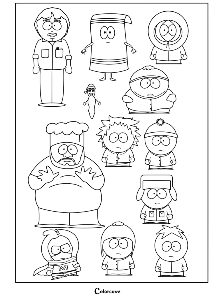 Coloriage South Park représentant des personnages dont Cartman, Stan, Kyle, Kenny, Butters, Randy, Chef, Servietsky, Mysterion et Mr. Hankey.