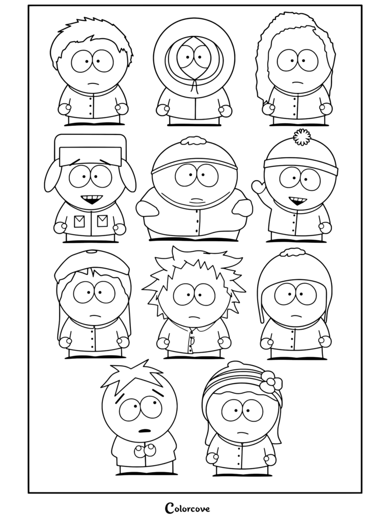 Coloriage de portrait de groupe des personnages de South Park comprenant Stan, Kyle, Cartman, Kenny, Butters, Wendy, Tweek, Craig, Bebe et Clyde.
