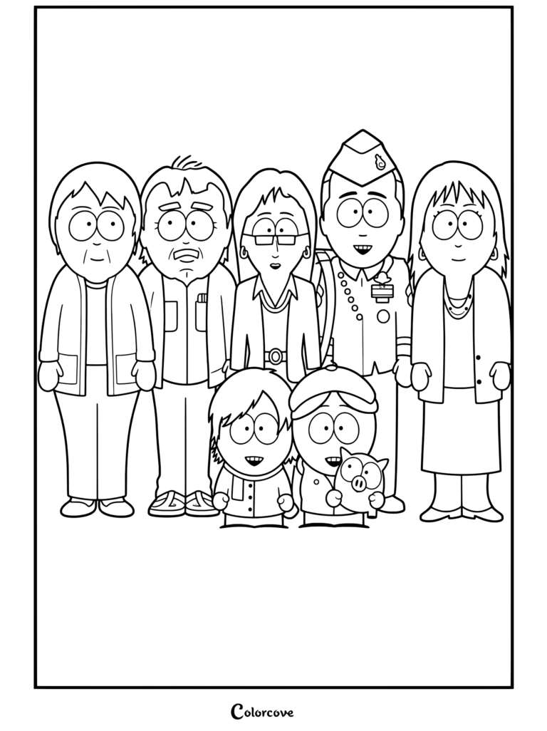 Un coloriage à imprimer représentant un portrait de groupe des personnages de South Park incluant des membres de la famille de l'Homme-ours-porc et d'autres citadins.