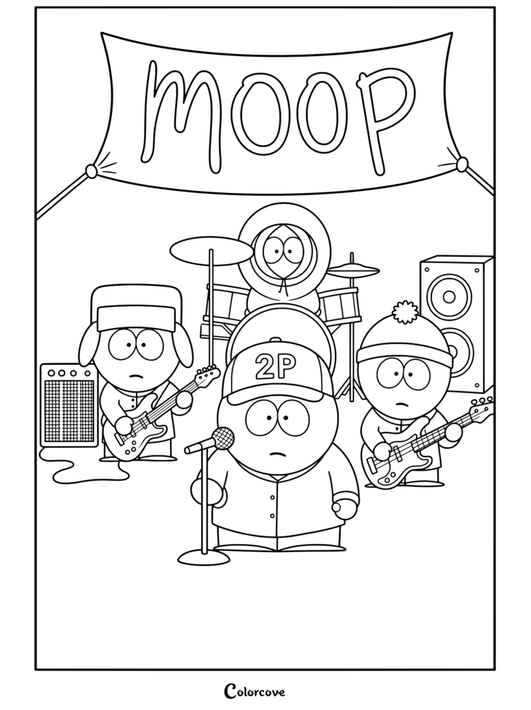 Coloriage South Park montrant Kyle, Cartman, Kenny et Stan se produisant en tant que groupe Moop dans un garage.