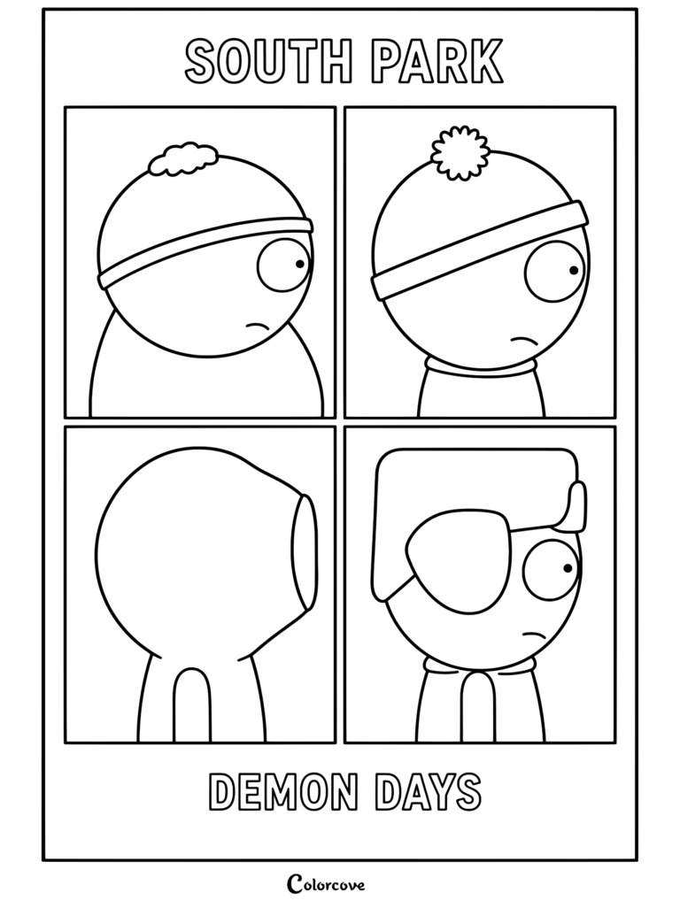 Les personnages de South Park dans une parodie de la pochette de l'album Demon Days de Gorillaz sur ce coloriage
