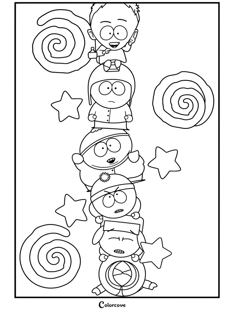 Coloriage South Park représentant Timmy, Craig, Cartman, Stan, Kyle et Kenny empilés verticalement sur un fond de motifs en spirale