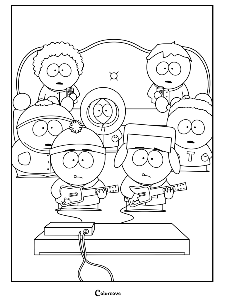 Un coloriage South Park représentant Stan et Kyle jouant à Guitar Hero sur un canapé avec leurs amis.