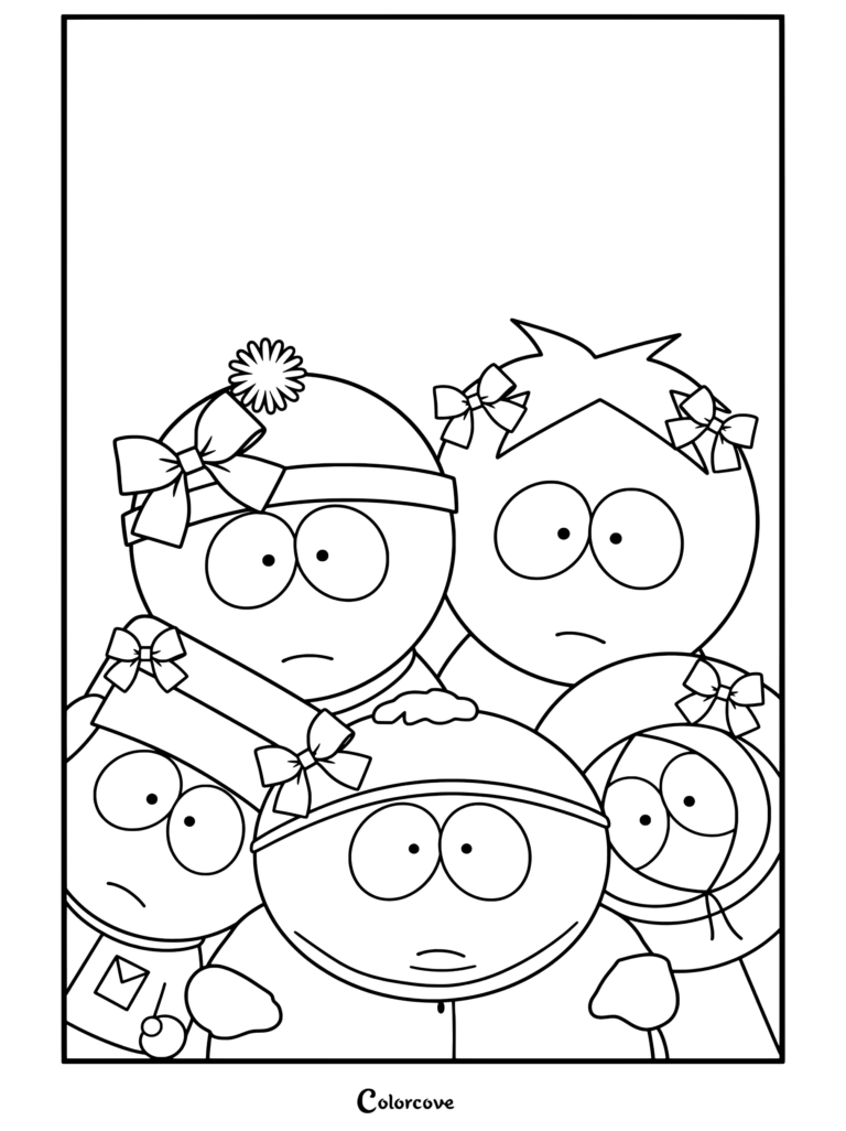 Coloriage South Park mettant en scène Stan, Kyle, Cartman, Kenny et Butters portant des nœuds roses.