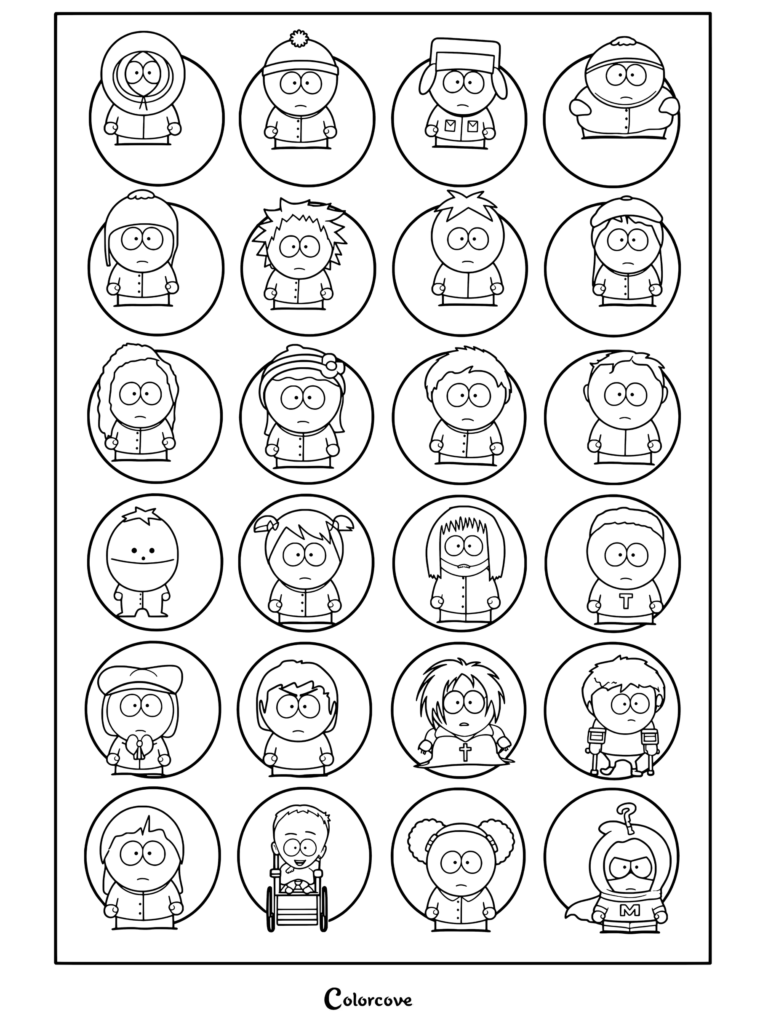 Grille de stickers des personnages de South Park comprenant Kenny, Stan, Kyle, Cartman, Butters, Wendy, Timmy, Jimmy et les gosses gothiques sur un coloriage