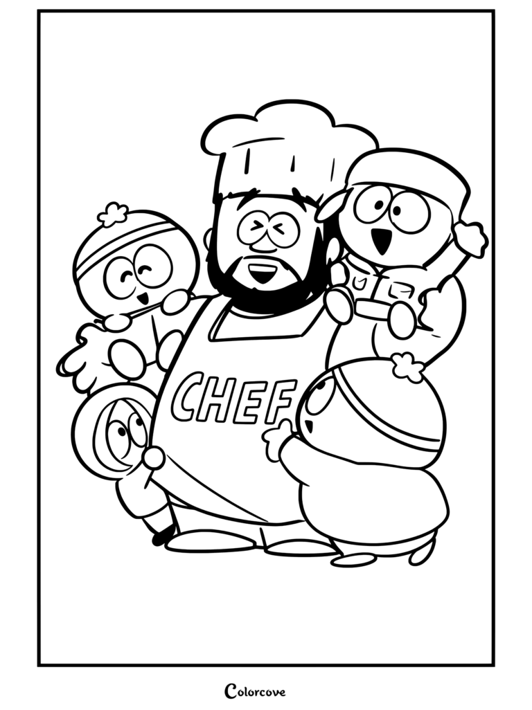 Coloriage South Park mettant en scène Chef faisant un câlin et entouré de Stan, Kyle, Cartman et Kenny.