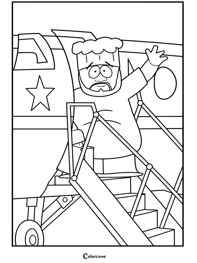 Chef faisant ses adieux en montant à bord d'un avion avec une mallette dans un coloriage de South Park