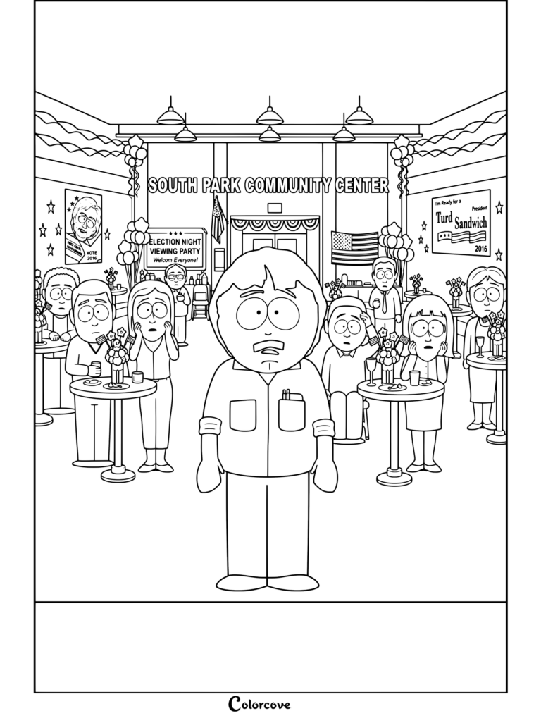 Coloriage South Park montrant Randy Marsh au centre d'une salle communautaire sous le choc avec des citoyens réagissant aux résultats des élections